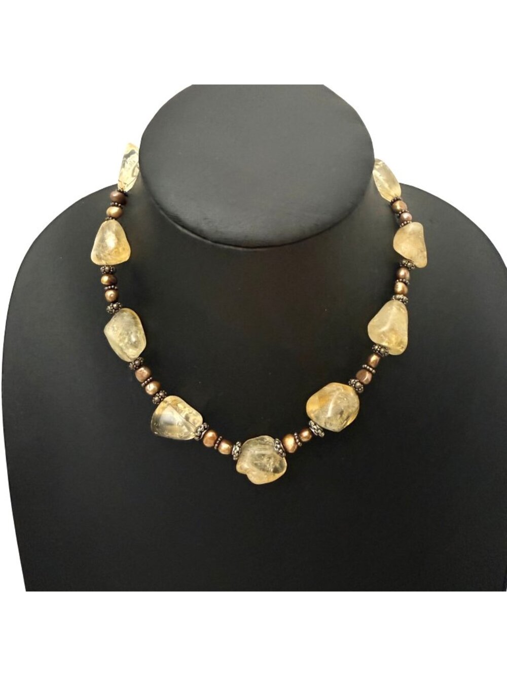 Vintage Necklace Chunky Yellow Stones Pearl Statement Boho Silver Tone 17 inches